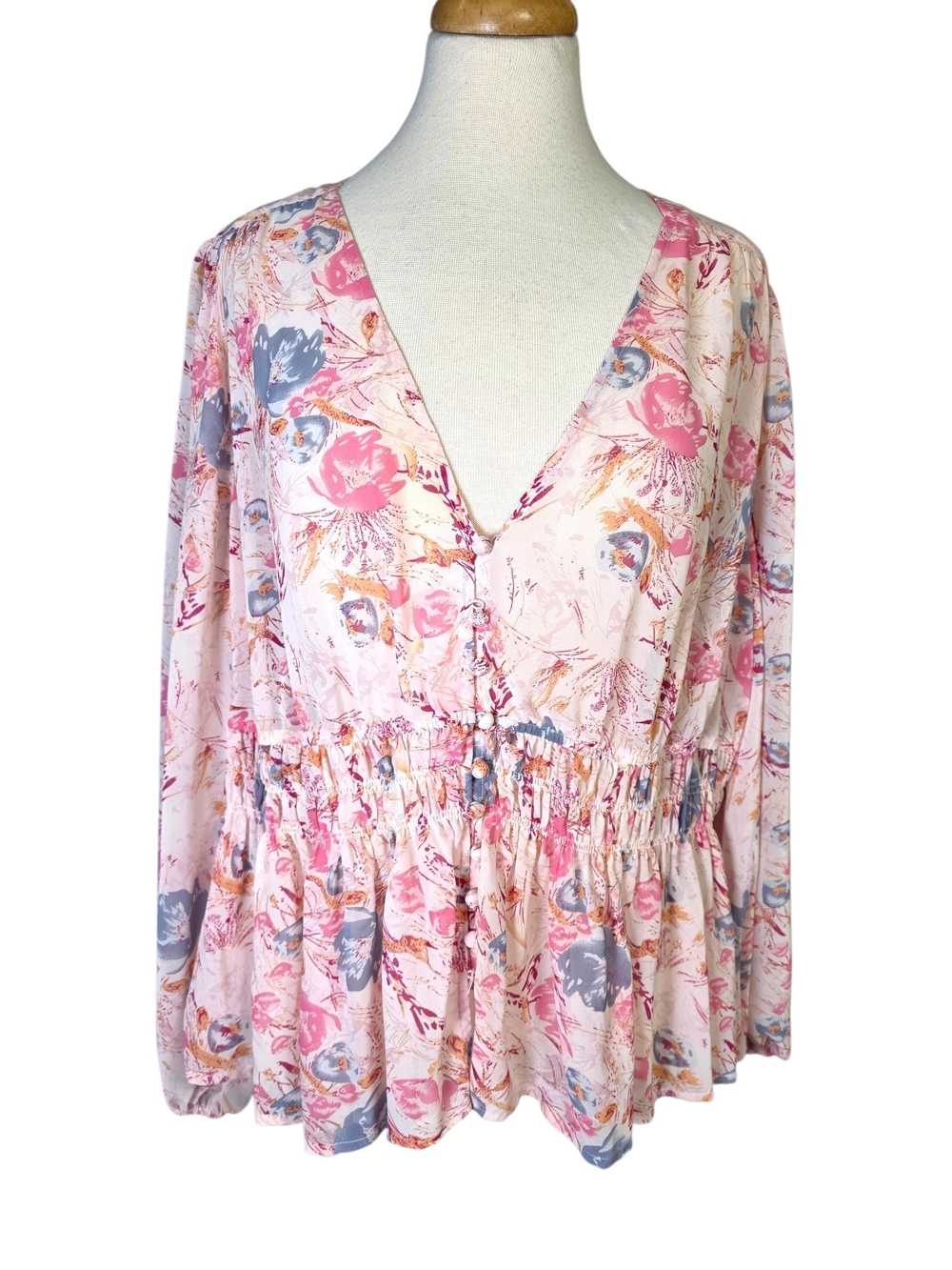 A Beautiful Soul Floral Pink V-Neck Smocked Waist Women's Top Size 2X